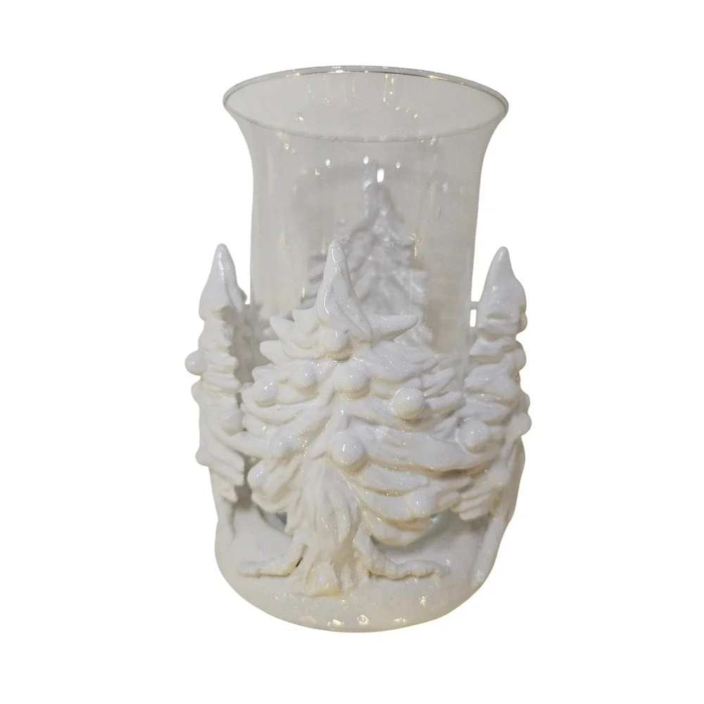 I Borbone Capodimonte Italian Ceramic Winter Candle Holder Hurricane Glass RARE